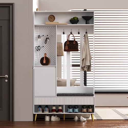 Merax Flurgarderobe Garderobenschrank Flur, Garderobe mit Sitzbank, Schuhschrank, 4 Haken, Schließfach, 2 Schublade, praktische Lochwand, Garderobenständer für Eingangsbereich, 100×35×180cm, Weiß