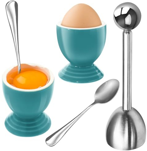 vibedor Colorful Soft Boiled Eggs Cups Set, 2 Ceramic Egg Stands and 1 Stainless Steel Egg Cutter, 2 Perfect Egg Spoons for Kitchen and Breakfast Host(Caribbean)