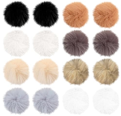 16 Stück Kunstfell Bommel für Mützen,10cm Künstliche Fellbommel | für StrickMützen und Beanies Taschenanhänger Schlüsselanhänger Fake Fur Bommel Kunstfell Pompons