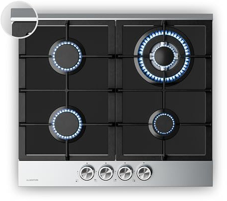 Klarstein Verosteel Gas Hob, 60cm, 4-Burner, 8000W, Glass & Stainless Steel, LPG/Natural Gas, Electric Ignition, Flame Failure Safety, Hob Kitchen Accessory Set, Stainless Steel