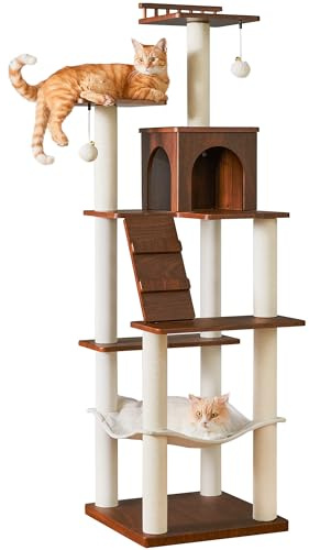 Quuzee Kratzbaum, 163 cm hoch, moderner Katzenbaum, mehrstöckiges Katzenhaus mit Höhle, 7 Kratzsäulen, 2 Liegemulden, Hängematte und 2 Plüschbällen, vintagebraun