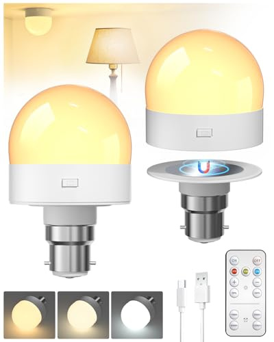 Klarlight 2 Pack Rechargeable Light Bulbs with Remote Control, 40W Equivalent, 2500mAh, 3 Color Temperatures, Dimmable B22 Magnetic Detachable LED Bulb with Timer, Battery Operated Bulb for Lamps