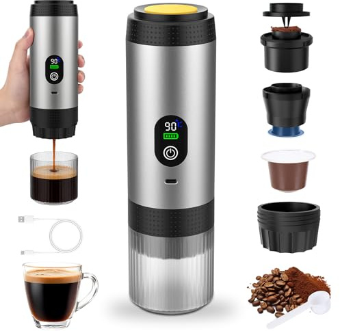 3-In-1 Electric Portable Coffee Maker, 20 Bar Portable Espresso Maker, Portable Coffee Machine, Self-Heating, Compatible with Small & Large Capsules, Ground Coffee, for Camping, Office, Home, Car Blac