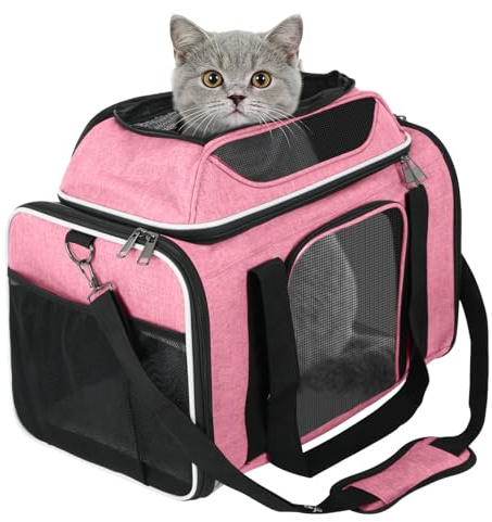 RDTOK Transportbox Katzen,Faltbare Katzen Transporttasche,für Katze und Welpen bis 8 kg,Atmungsaktiv Katzen transportboxen,mit Sicherheit Reißverschlüsse,für ob Reise,Oder Tierarzttermin (Rosa)