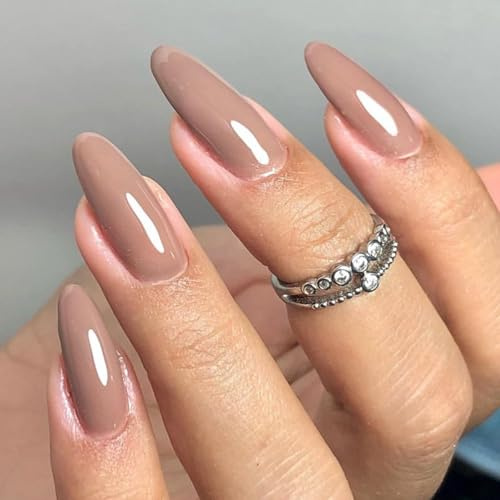 Ceboic 24Pcs Brown French Press on Nails, Almond Petite False Nails, Pure Color Acrylic Glossy Full Cover Fake Nail, Elegant Glue on Nail, Natural Reusable Stick on Nails for Women Girls DIY Manicure