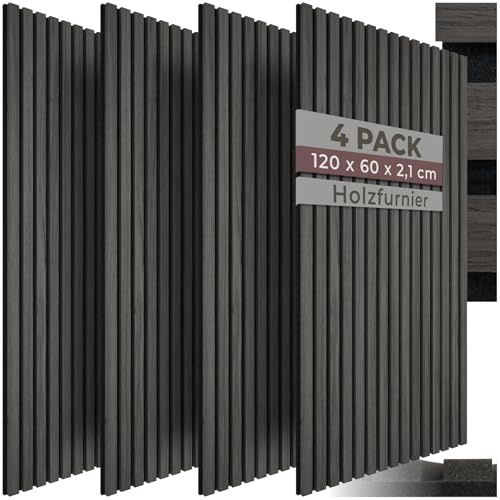 tectake® 3D Akustikpaneele 120 x 60 x 2,1 cm, Holz Optik Paneele, Wandpaneele in Holzoptik als Schallabsorber, Panels für Wohnzimmer, Küche, Wandverkleidung, Schallschutz - Eiche schwarz, 4er Set
