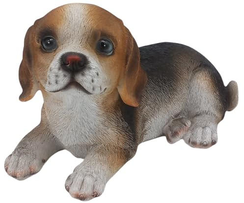 Bambelaa! Hunde Garten Deko Draußen Figuren Gartenfiguren für Innen & Außen Wetterfest Gartenstatuten Dekofiguren Garten Skulptur Hundefigur Liegend Dekoration Polyresin Braun-Weiß ca 18 x 10 x 10,5cm