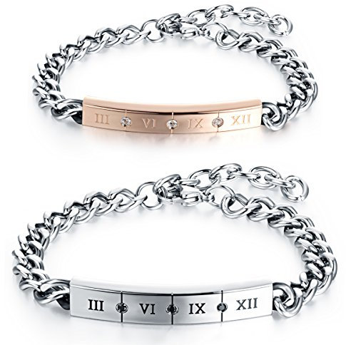 Cupimatch Paar Armband Edelstahl Panzerarmband mit römische Ziffern Zirkonia Panzerkette Freundschaftsarmband Armreif silber rosegold Geschenk