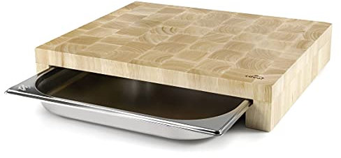 LACOR - 60592 - Tabla de Cortar en Madera, Tabla de Cocina para Cortar, Tabla de Corte, Incluye Cubeta Extraíble Acero Inoxidable, Madera de Caucho, 61.5x34x7 cm