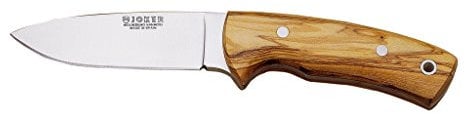 Joker Bushcraft Messer CO25 Corzo, Olivenholznholzgriff, Gürtelmesser mit 10 cm MOVA Stahlklinge, braune Lederscheide, Werkzeug zum Angeln, Jagen, Camping und Wandern