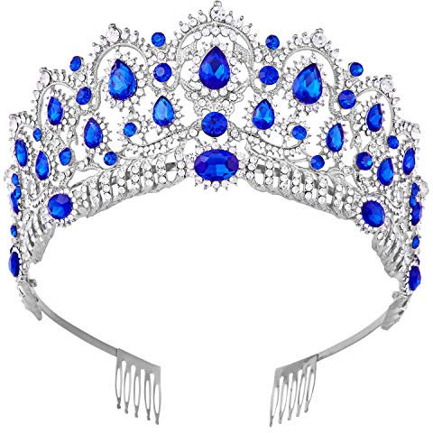 Diadem, Vofler Silberkrone, Barock-Stil, Vintage-Stirnband, Kristall, blauer Strass, Saphir, Haarschmuck für Frauen, Königin, Damen, Mädchen, Braut, Prinzessin, Geburtstag, Hochzeit, Festzug,
