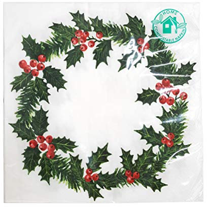 Talking Tables Pack of 20 Large Christmas Dinner Napkins Holly Wreath Design - Perfect Party Decoration for Your Xmas Table - Home Compostable and Recyclable