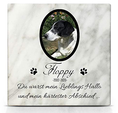 TULLUN Individueller Personalisierter Weißer Natur Marmor Gedenkstein für Hunde, Katze und andere Haustiere - Größe 10 x 10 cm - Foto und Name