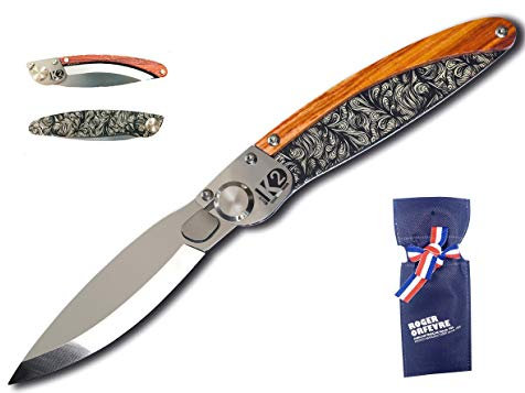 ROGER ORFEVRE - Couteau K2 Floral - Couteau de Poche Pliable - Manche en Bois de Rose - Verrouillage à Une Main - Livré avec Un Étui - Labellisé Esprit de Thiers - Fabriqué en France