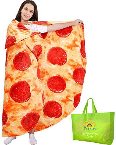 Pizza Decke 200cm Doppelseitig, Riesen Runde Neuheit Pepperoni Wohndecke Weiche Warme Flanell Kuscheldecken Realistische Essen Plüsch Handtücher Kreative Geschenke für Kinder Familie