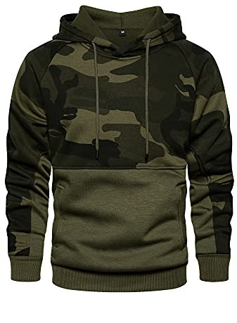 AOTORR Mens Hoodies Pullover Camo Hooded Sweatshirt Patchwork Top Long Sleeve Hoody Casual Tops with Pockets WY42 Army Green L