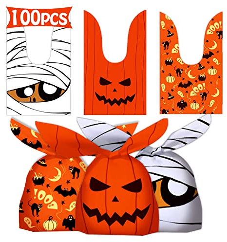 Leesgel Halloween Geschenktüten 100 Stück, Halloween Süßigkeiten Tüten für Halloween Deko Partyzubehör, Halloween Candy Bar Tüten, Halloween Mitgebsel Tüten Goodie Bags Tüten für Süßigkeiten Keks