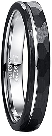 Corato Schwarz Wolfram Ring für Herren 4mm Multi Facettiert Hochzeit Verlobung Ring Gehämmert Gebürstetes Fertig Rille Größe 52(16.6)