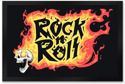 Rock n' Roll Fußmatte XXL in 50x75 cm mit Flammen und Totenkopf als Geschenk für echte Rock 'n' Roll Fans die gerne abrocken zur Musik Gitarre Alternative Indie