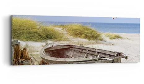 ARTTOR Bilder auf Leinwand 90x30cm Wandbild Landschaften Maritim - 4170 | Strand Möwen Boot Panorama Klein Wanddekoration Wohnzimmer Schlafzimmer Wanddeko Wand Kunstdruck Wandkunst Wall Decor ARTTOR