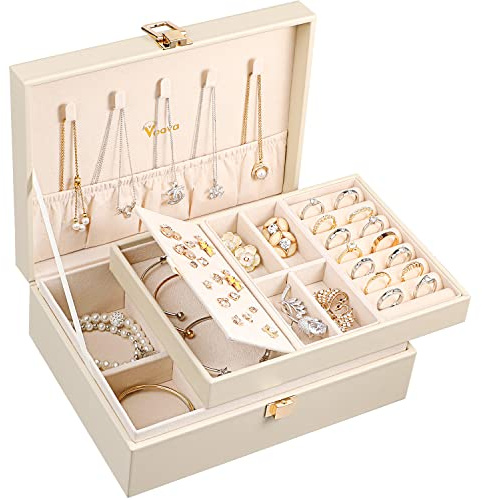 Voova 2 Layer Jewelry Box Organizer with Removable Tray, Vintage Gift, Apricot