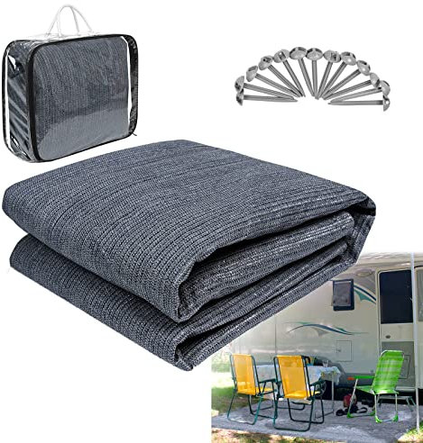VA-Cerulean Vorzeltteppich 250x300cm Outdoor Teppich Campingteppich HDPE Zeltteppich Zeltunterlage Vorzeltboden mit Heringe,Tragetasche, Für Camping,Picknick, Grau Blau