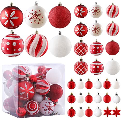 36 Karat Weihnachtskugel-Ornamente-Sets, rote bruchsichere Kugeln für Weihnachtsbaum, verschiedene Formen und Größen, hängende Dekoration für Urlaub, Festival und Partydekoration (Rot Weiß)