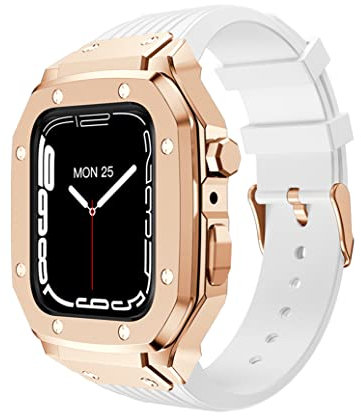 Enze - Funda de Acero Inoxidable Compatible con Apple Watch Series 7 de 45 mm 6/5/4 iWatch SE de 44 mm Resistente Funda Protectora a Prueba de Caídas con Correa Deportiva de Silicona