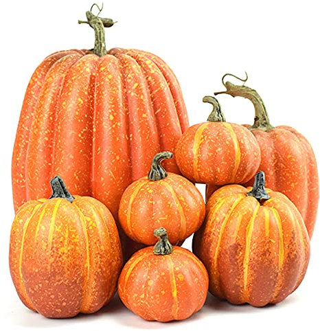 7 Stück künstliche Kürbisse Halloween Dekoration,Halloween Simulierter Schaumstoff Orange Kürbis,Harvest Fall Schaumstoff Kürbisse für Herbst Thanksgiving Halloween Home Party Supplies (Orange 01)