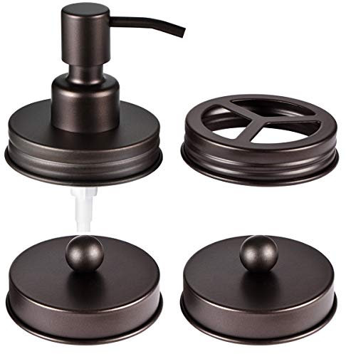 Komashr Mason Jar Bathroom Accessories Lids Set(4pcs) - Jar Not Included - Soap Dispenser,Toothbrush Holder, Apothecary Jars Lids for Regular Mouth Mason Jars - Rustproof Stainless Steel，Bronze