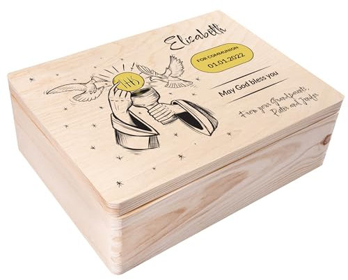 Creative Deco Personalisiert Kommunion Geschenke für Mädchen und Jungen - Holzkiste | Mehrere Kommunion Motiv | Individuelle Geschenk Erinnerungsbox | Erstkommunion Deko