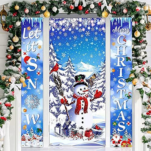 3 Stück blaue Weihnachtsdekorationen Winter Schneemann Türabdeckung Let It Snow Veranda Schild Frohe Weihnachten Schneeflocken Schneemann Tür Banner Foto Booth Requisiten für Winter Willkommen