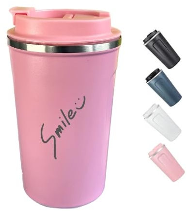 Happy Bottles Smile | Taza termo | Taza nombre grabado opcional | Taza personalizada | Taza térmica | Taza café | Acero inoxidable | Bebidas caliente 6 h Bebida fría 12 h | Multicolor | 380ml (Rosa)