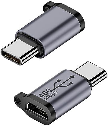 QIANRENON Lot de 2 adaptateurs USB C mâle vers micro USB femelle vers connecteur de données micro USB, prend en charge la charge 18 W 9 V/2 A, alliage AL/trou de suspension, charge ou transfert de