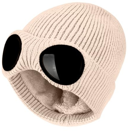 FIFTHAVE Beanie Mütze Herren & Damen, Wollmütze Wintermütze Strickmütze Beany Mütze Hut Laufmütze mit Brille Weich Stretchy Hüte Warme Outdoor Sport Cap Beige