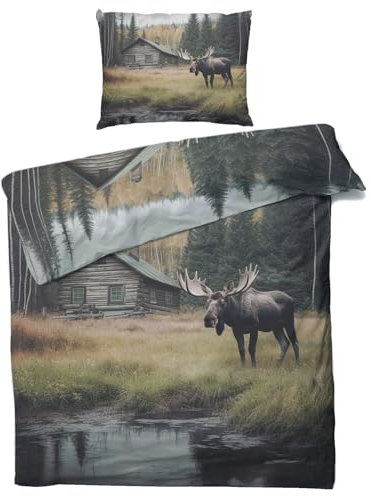 QEODAH Winter Bettwäsche 135x200 Elch - Kabinen Bettbezug 135 x 200 2er Set - Wendebettwäsche & Kissenbezug 80x80 cm - Weiche Mikrofaser Bettwäsche-Sets mit Reißverschluss - Schlafzimmer Bett Deko