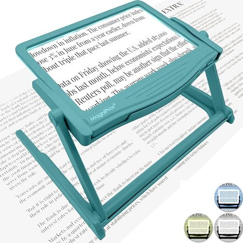 MagniPros See Things Differently 5X Large LED Full Page Magnifying Glass w/Collapsible Hands-Free Stand & 3 Color Modes to Reduce Eye Strain，Ideal Reading Small Prints，Crafting，Low Vision & Seniors