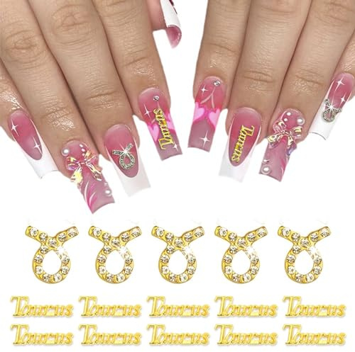MOLILON 15pcs 3d Gold Taurus Nail Charms 5pcs Zodiac Signs and 10pcs Zodiac Letter Nail Studs Rhinestones Crystal Alloy Twelve Constellation Charms for DIY Crafts Jewelry Decoration Nail Supplies