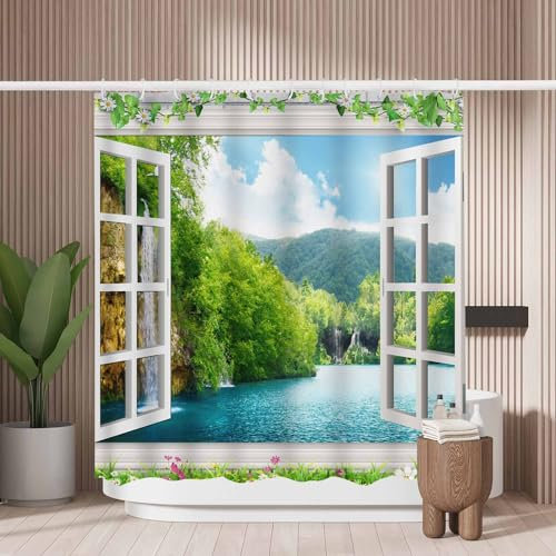 Woutay Shower Curtain Mould Proof Resistant Open Window View of The Lake,Water Repellant Fabric,Polyester,with 12 Plastic Hooks