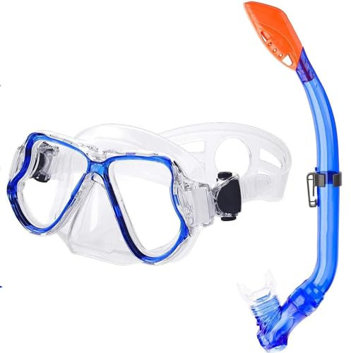 Nanologic Schnorchelset Kinder, Schnorcheln Taucherbrille aus Gehärtetem Glas, Brille mit 180° Panorama Sichtfeld, Tauchmaske Schnorchelmaske Tauchen Set Wasserdicht für Mädchen Junge - Blau