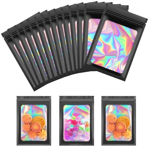 EMAGEREN 100 Stück Mylar Beutel Schwarze Mylar Holographic Bags Verpackungsbeutel Wiederverschließbar Beutel Folienbeutel Mylar Aluminiumfolie Beutel zum Aufbewahren von Party Favor Schmuck, 7.5×12cm