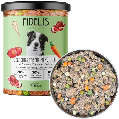 Fidelis – Gekochtes Frische-Menü mit Pferd, Pastinake, Karotte & Brokkoli (6 x 400g Glas) – Hundefutter nass mit 70% Fleischanteil & frischen Zutaten – Nassfutter ohne Zusätze & ungekühlt haltbar