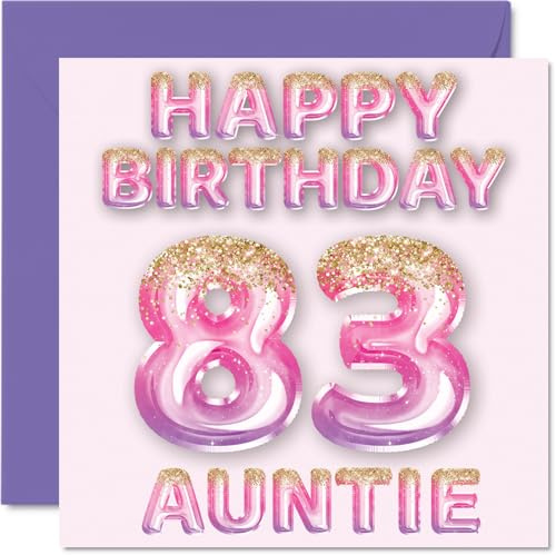 83rd Birthday Card for Auntie, Pink & Purple Glitter Balloons | Happy Birthday Cards for 83 Year Old Aunt Aunty from Nephew Niece, 145mm Bday Greeting Cards Gift