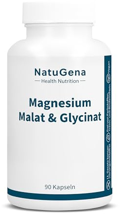 NatuGena Magnesium Malat & Glycinat, Magnesium-Komplex | 90 Kapseln | 360 mg Magnesium aus Magnesiummalat & Magnesiumbisglycinat pro Tagesdosis – vegan, laktose- & glutenfrei, 30-Tage-Versorgung