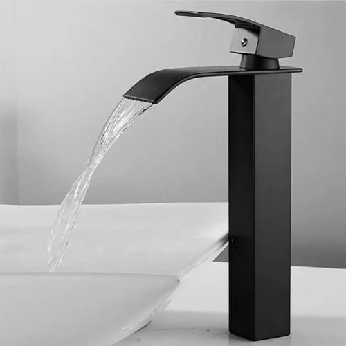 ANMECS Rubinetto Bagno Lavabo in Acciaio Inox 304, Design a Cascata, Rubinetto lavandino bagno, Miscelatore per Acqua Calda e Fredda con Finitura Cromata (Nero/Alto)