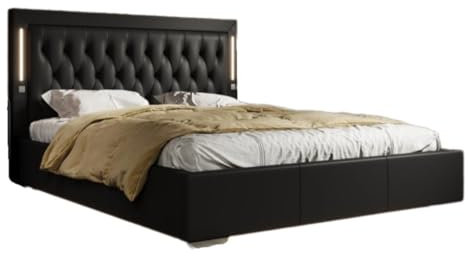 Luxusbetten24 Designer Polsterbett Rio 140x200 inkl. RGB-Beleuchtung, USB-Anschluss und Stauraum | Bezug: Kunstleder | Farbe: Schwarz