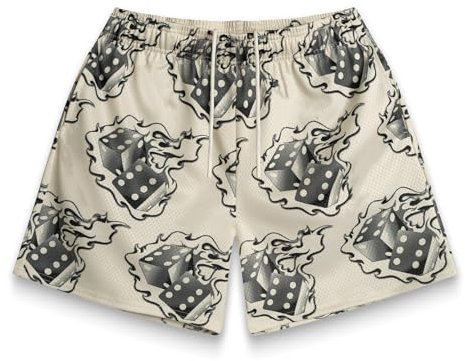 BOOMLEMON Herren-Basketball-Shorts, lässig, Workout, athletische Shorts, Netzstoff, Flammen-Grafikdruck, Laufhose, Dice Flame Beige, Mittel