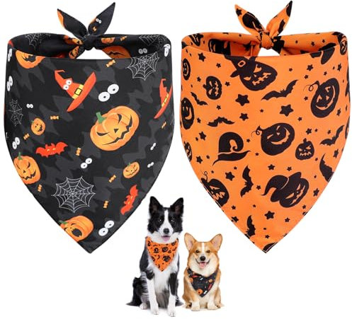 Vivifying Halloween Halstuch Hund, 2Pcs Einstellbare Dreieck Hundehalstuch mit Hexe Kürbis-Muster, Hundekostüm Halloween für kleine mittlere große Hunde L