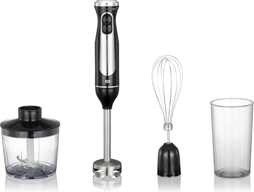 Melissa 16210069 Stabmixer Schwarz – 600 Watt leistungsstarker Mixer mit 2 Geschwindigkeitsstufen und stufenloser Einstellung, inkl. Mini-Zerkleinerer (0,5 l), Schneebesen, 0,7 l Behälter