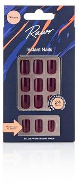 RAWR Long Square Press-On Nails - Sharp Pointed Acrylic Fake Nails Full Cover Set - 24 Durable False Nails for Women and Girls - Fashionable Press-On Nail Kit - Maroon